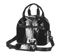 UJHBGTYVCX Black and White Cow Lunch Bag with Full-Print Design Lightweight Waterproof Insulated Bag for Work, School Picnic Detachable Shoulder Strap Zipper Pockets