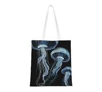 UJHBGTYVCX Blue And Gold Jellyfish Stylish Totes With Full-Print Design – Lightweight 100% Polyester Canvas Bag For Daily Use, School, And Shopping