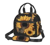 UJHBGTYVCX Butterflies and Sunflowers Lunch Bag with Full-Print Design Lightweight Waterproof Insulated Bag for Work, School Picnic Detachable Shoulder Strap Zipper Pockets
