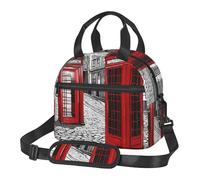 UJHBGTYVCX London Red Telephone Booth Lunch Bag with Full-Print Design Lightweight Waterproof Insulated Bag for Work, School Picnic Detachable Shoulder Strap Zipper Pockets