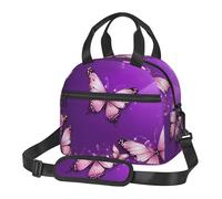 UJHBGTYVCX Purple Butterflies Lunch Bag with Full-Print Design Lightweight Waterproof Insulated Bag for Work, School Picnic Detachable Shoulder Strap Zipper Pockets