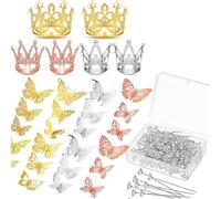 Ujjdwiurgh 166 Pcs Crown Decor for Flower Bouquet with 6 Crown Cake Topper 100 Corsage Pins 60 Butterflies Multicolor