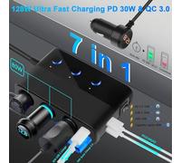 Ujjdwiurgh 7 in 1 Car Charger Adapter Splitter, 3 Socket Power 12V/24V, Type-C and 2 USB Charging Ports, LED Voltage Display
