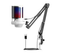 Ujjdwiurgh USB Condenser Microphone for Studio Recording RGB Esports Game Call Recording Mic with Metal Boom Stand White