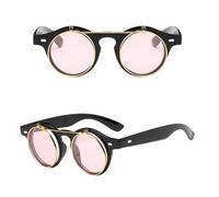 UJNHGQ Fashion Vintage Round Steam Punk Flip Up Sunglasses Classic Double Layer Clamshell Design Sun Glasses,c6 Black Pink,1