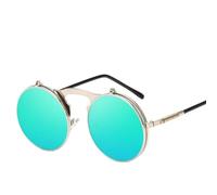 UJNHGQ Retro Flip Round Sunglasses Man Woman Metal Steampunk Style Sun Glasses Male Female Double Circular Clear Lens Eyeglasses,Silver Green