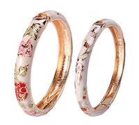UJOY Enamel Bangle for Women, Cloissone Floral Bracelet for Lady Vintage Bangles Jewellery keepsake, 2 Pcs Ladies Charm Bracelets for Womens, Girls Charming Bangle Beige & Nude Pink Flowers Bangles