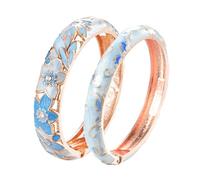 UJOY Enamel Pattern Design Bangle Set for Women Open Cuff Bracelet for Lady 2PCS Light Blue Floral Cheap UK Handmade Jewellery Sets, Lovely Enamel Bangle for Lady Jewellery