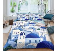UJSDVNNJJ 3D Print Ultra Soft Microfibre Santorini village Quilt Cover Set All Season Bedding Set with Pillow Cases Mediterranean style Duvet Cover Sets Breathable for Couples Single（135x200cm）