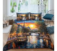 UJSDVNNJJ Easy Care 3D Microfiber Paris Canal Quilt Cover All Season Bedding Set with Matching Pillowcase Impressionist Cityscape Duvet Cover Sets Breathable for Home Decoration King（220x240cm）