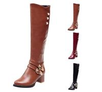 UK 1.5 Knee High Boots Women Ladies Heeled Buckle Round Toe Side Zipper Motorcycle Riding Boots Comfortable Low Mid Chunky Block Heel Tall Fall Tall Boot Stylish Brown Footwear Gift