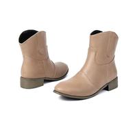 UK 10 Ankle Booties for Women Fall Boots Water Resistant Leather Pull on Ankle Boots Pointed Toe Low Chunky Heel Comfort Slip on Fashion Booties Khaki Footwear