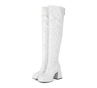 UK 10 Ladies Womens Over The Knee Go Go Boots Patent Leather Platform Chunky Block Heel Thigh High Boot Square Toe Long Fall Y2k Gogo Party Boots with Zipper White Footwear