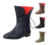 UK 10 Wide Calf Ankle Boots for Women Mens Vintage Flats Short Boots Round Toe Pirate Victorian Boots Lace up Cos Medieval Renaissance Faux Leather Gothic Shoes Footwear Dark Blue