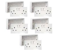 UK 2 Gang Double Switched Wall Socket with 25mm Surface Pattress Box - White - Pack of 5 | BS 1363 Compliant
