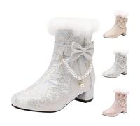 UK 2 Women's Low Block Heeled Ankle Booties Side Zipper Faux Fur Trim Pearls Chain Cute Bow Warm Winter Boots Comfortable Shoes for Cheongsam Dress Christmas Ankle Boots Blue Footwear Clearance