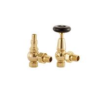 UK-20 Ab Arroll traditional manual Radiator valve in Antique Brass with FSC certified black wooden wheel head & lockshield