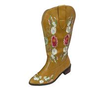 UK 3.5 Cowboy Boots for Women, Flower Embroidered Mid Calf Cowgirl Boots Pointed Toe Western Chunky Stacked Low Heel Shoes Riding Booties for Theme Party Country Concert Stylish Khaki Footwear Gift