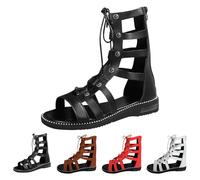 UK 3.5 Gladiator Sandals for Women Roman Lace up Gladiator Flat Calf High Sandal with Back Zipper Strappy Summer Flat Shoes Ladies Sandles Black