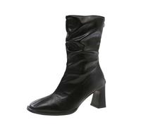 UK 3.5 Heeled Ankle Boots for Women Leather Retro Square Toe Back Zip up Stacked High Heel Ankle Booties Ladies Fall Winter Rouched Shoes Slouch Pull on Non Slip Fashion Boots Footwear Black