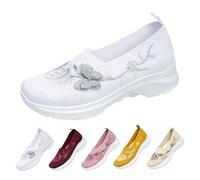 UK 3.5 Slip on Sneakers for Women Ladies UK Low Top Knit Mesh Loafers Comfortable Breathable Walking Nurse Shoe Casual Flower Butterfly Embroidered Flat Loafers Trendy Footwear White
