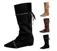 UK 3.5 Slouchy Mid Calf Boots for Women Wide Calf Hidden Low Wedges Suede Closed Pointed Toe Knee High Boots with Drawstring Fashion Shoes Tall Boot Black Footwear