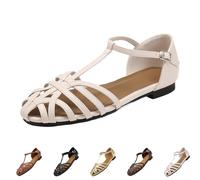 UK 3.5 Womens Caged Closed-Toe Hollow Toe Flat Sandals T Bar Strap Buckle Roman Vintage Casual Fisherman Sandals Walking Sandal A1_Beige