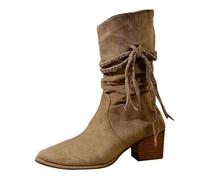 UK 3.5 Women's Cowboy Knee-High Boots Pointed Toe Mid Chunky Heel Pull on Slouchy Boots Long Boot Pirate Mid Wide Calf Medieval Boot 22 cm Tan Footwear