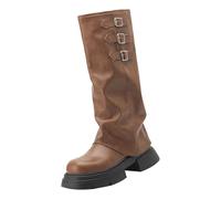 UK 3.5 Women's Fold Over Knee High Boots Comfortable Round Toe Moto Boot Buckle Motorcycle Long Combat Boots Lug Sole Tall Booties Footwear Gift UK #YX01_Brown