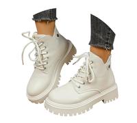 UK 3.5 Women's Leather Lace up Winter Boots Combat Platform Ankle Boots Fully Faux Fur Lined Classic Round Toe Chunky Heel Lug Sole Non-Slip Mid Calf Booties Warm Sneakers Beige Footwear