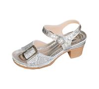 UK 3.5 Women's Opened Toe Block Heeled Slide Sandals with Arch Support Adjustable Buckle Strap Platform Ladies Chunky Heeled Mule Sandal 7cm / 2.75'' Glitter - Silver