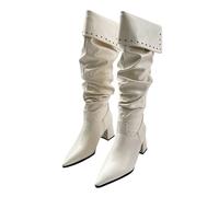 UK 3.5 Womens Slouchy Knee High Boots Pointed Toe Pull on Fall Boots Chunky Block High Heels Winter Dress Office Shoes Fashion Ruched Wide Calf Tall Boot Stylish White Footwear Gift