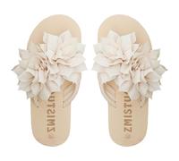 UK 4 3D Flower Flip Flops for Women,Applique Decor Lightweight Outdoor Beach Shoes Summer Flat Casual Slippers Thongs Sandals Ladies Toepost Footwear 002_Beige