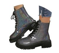 UK 4.5 Ankle Boots for Women Patent Leather Platform Lug Sole Combat Booties Lace up Low Block Chunky Heel Side Zipper Fall Winter Black Military Boot Shoes Stylish Footwear Gift C1_Glitter Black