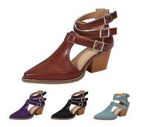 UK 4.5 Cut out Ankle Booties for Women Pointed Toe 3 Buckle Ankle Strappy Boots Leather Stylish Mid Chunky Heels Buckle Dress Office Shoes Zipper Fashion Boots Stacked Heel Sandal Footwear Brown