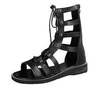 UK 4.5 Gladiator Sandals for Women Lace Up Front Zipper Flat Sandals Summer Beach Strappy Criss Cross Open Toe Ankle High Flat Sandal Black