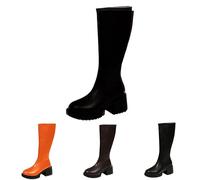 UK 4.5 Mid-Calf High Boots for Women Platform Mid Chunky Block Heel PU Leather Round Toe Knee High Chic Riding Boots Side Zipper Long Boot Stylish Black Footwear Gift