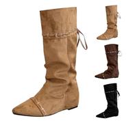 UK 4.5 Slouchy Mid Calf Boots for Women Wide Calf Hidden Low Wedges Suede Closed Pointed Toe Knee High Boots with Drawstring Fashion Shoes Tall Boot Beige Footwear