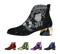 UK 4.5 Sparkly Rhinestones Ankle Boots for Women,Women's Flower Embroidery Mid Low Chunky Heel Vintage Pointed Toe Back Zipper Short Booties Retro Casual Elegant Ladies Shoes Footwear Black