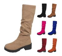 UK 4.5 Suede Knee-High Boots Slouchy Fall Boot for Women Chunky Block Mid Heel Slip on Round Toe Long Boots Comfortable Pull on Riding Boot Fashion Stylish Khaki Footwear Gift