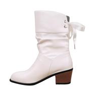 UK 4.5 Wide Calf Boots Leather Cowgirl Boots for Women Pull on Mid Block Heeled Back Lace up Extra Wide Calf Slip on Short Slouch Ankle Booties Casual Fall Winter Walking Travel Shoes Footwear White