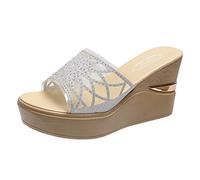 UK 4.5 Wide Wedges for Women Summer Sparkly Platform Wedge Sandals Glitter Bling Flatform Wedges Sandals Wedge Platform Slip on Sandals Flip-Flop Side Casual Shoes Sandle C_Silver