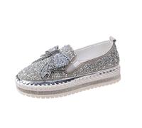 UK 4.5 Women Glitter Platform Loafers Fashion Rhinestone Slip on Sneakers Casual Comfort Walking Shoes Cute Bowknot Glitter Sparkly Bling Loafer Sequin Dress Shoes Stylish C1_Silver Footwear Gift