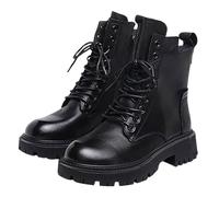 UK 4.5 Women’s Combat Ankle Boots Chunky Lug Sole Round Toe Casual Dress Retro Leather Motorcycle Boots Lace up Classic Short Low Heel Side Zipper Booties Footwear Black