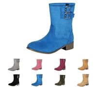 UK 4.5 Women's Ankle Boots Fashion Low Calf Flat Booties Round Toe Block Chunky Low Heel Fall Winter Casual Pull on Short Boots Double Buckle Suede Dress Shoes for Women Footwear Blue