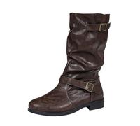 UK 4.5 Women's Flat Mid Calf Boots Pull on Buckle Ladies Pixie Slouch Boots Slouchy Chunky Pump Low Heel Booties Ankle Boot Fall Under Knee High Boots Footwear Brown
