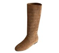 UK 4.5 Women's Knee High Low Hidden Wedge Boots Suede Faux Leather Hollow Out Western Boot Round Toe Pull on Ruched Slouchy Brown Tan Fall Boots Tall Vintage Long Booties Tan Footwear