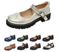 UK 4.5 Women's Mary Jane Shoes Platform Lug Sole Low Heel Chunky Pumps Retro Patent Round Toe Buckle Ankle Strap Oxfords Dress Work Comfy Smart Office School Shoes White Footwear New