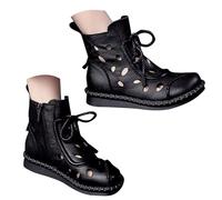 UK 4 Ankle Boots for Women Hollow Out Casual Soft Leather Flat Lace-Up Ankle Boots Retro Round Toe Soft Sole Non-Slip Low Heel Short Booties Wedge Walking Boot Footwear Black