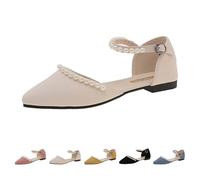 UK 4 Flats for Women Closed Pointed Toe Flats Adjustable Ankle Strap Ballet Shoes Suede Dress Shoes Sandals Wedding Dress Cute Shoe with Pearls Footwear Beige